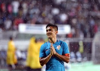 Sunil Chhetri greets the spectators after India's victory against Kenya during the Hero Intercontinental Cup in Mumbai, Monday