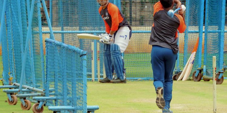 MS Dhoni bats during a net session at the National Cricket Academy (NCA), ahead of England tour, Monday