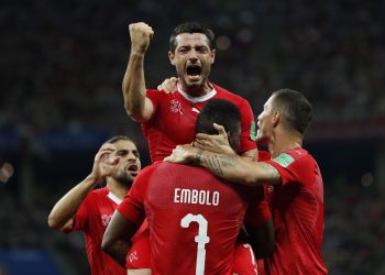 Blerim Dzemaili (top) celebrates after scoring Switzerland's first goal against Costa Rica at the Nizhny Novgorod Stadium, Russia