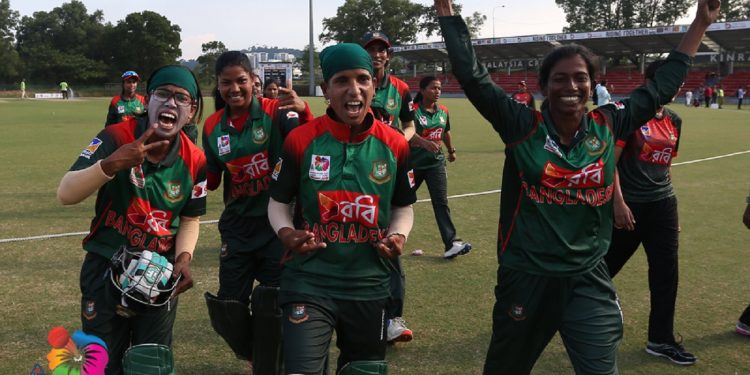 Bangladesh players are ecstatic after beating India at the Women's Asia Cup T20 in Kuala Lumpur, Wednesday