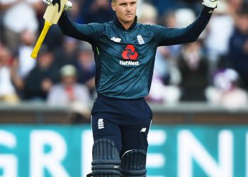 Jason Ray celebrates his century against Australia, Thursday