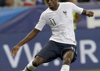 Stunning strike: France forward Ousmane Dembele about to connect his shot for his side’s third goal against Italy at Nice, Friday