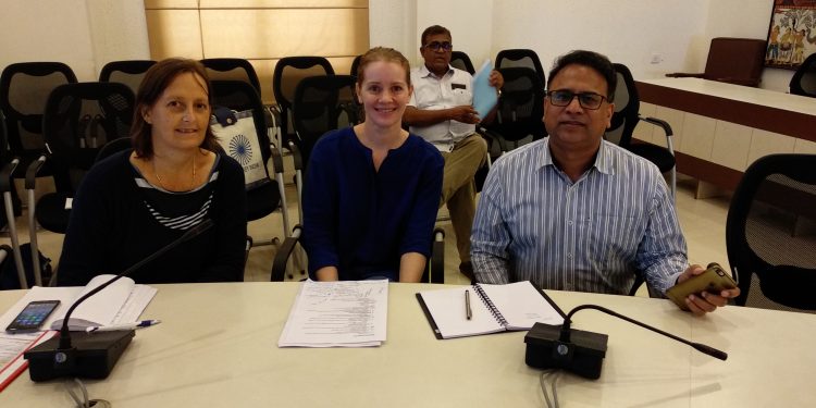 FIH events director Gabrielle van Zwieten (L), HI CEO Elena Norman (2nd from L) and Vishal Dev, secretary of department of sports and youth affairs during a meeting at the Secretariat in Bhubaneswar, Monday