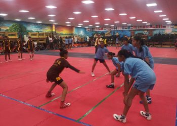 Bhubaneswar and Raipur players in action during their kabaddi match in Bhubaneswar, Friday