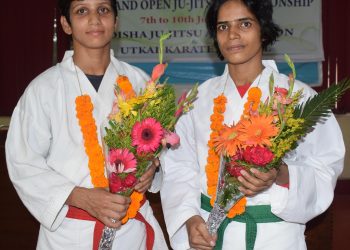 Anupama Swain (L) and Priyadarshini Ghatuary after the felicitation programme at the Utkal Karate School, Tuesday