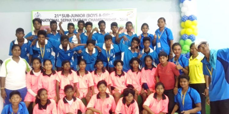 Odisha boys and girls sepaktakraw teams pose after reaching the finals in Bhubaneswar, Thursday       