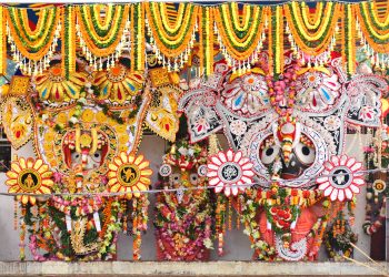 The trinity of Lords Balabhadra, Subhadra and Jagannath give darshan in Gajanana Besha after the annual ablution, Snana Yatra, Thursday.