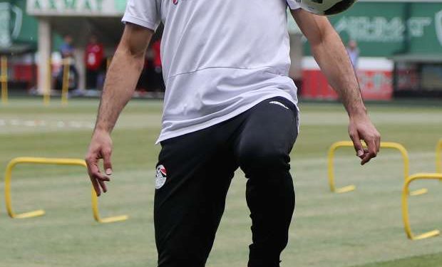 Mohamed Salah in action during Egypt’s training session at the Akhmat Arena stadium in Grozny, Saturday