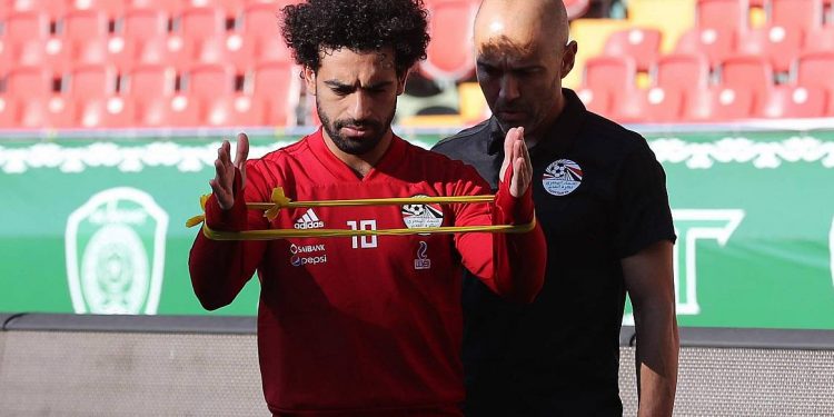 Mohamed Salah goes through the training drills under the supervision of a support staff, Wednesday