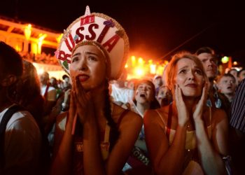 Russian fans react to their team’s loss to Croatia at the World Cup quarterfinals, Saturday