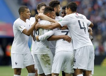 France players celebrate their second goal against Uruguay at the Nizhny Novgorod Stadium, Friday