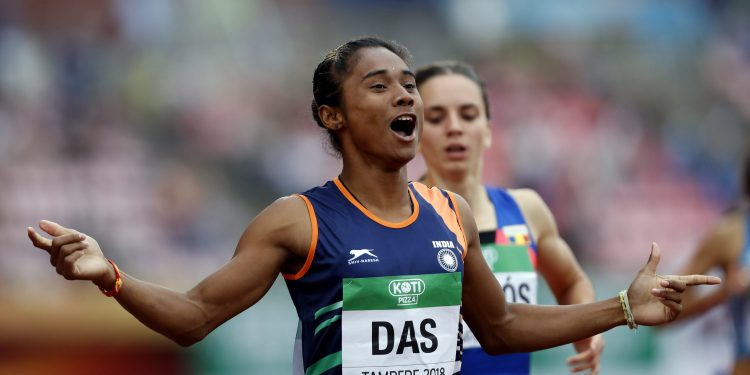 Hima Das (in front) celebrates her victory in women's 400m at the 2018 IAAF World U-20 Championships in Tampere, Finland