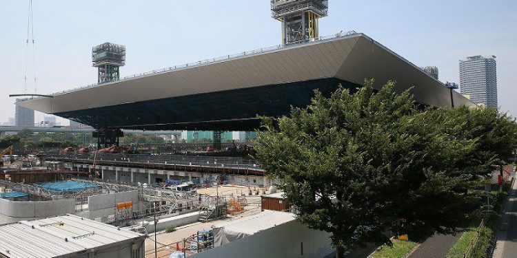 A view of an under construction Olympics Aquatics Centre in Tokyo