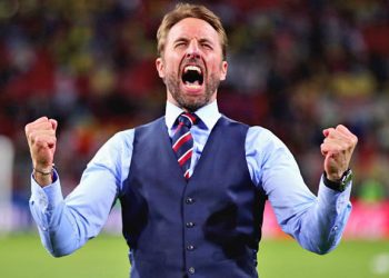 England manager Gareth Southgate is all pumped up after his side’s shootout win against Colombia, Tuesday 