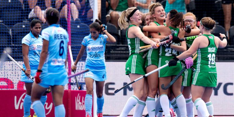 Irish players celebrate after scoring the goal against India, Thursday