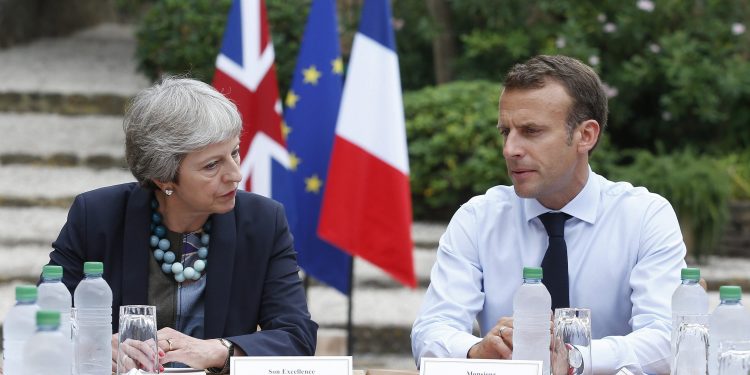 Bornes les Mimosas: French President Emmanuel Macron, right, meets with British Prime Minister Theresa May to discuss Brexit issues at the Fort de Bregancon in Bornes-les-Mimosas, southern France, Friday Aug. 3, 2018. AP/PTI(AP8_3_2018_000267B)