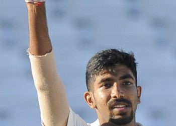 Jasprit Bumrah shows off the match ball after completing his five-wicket haul, Tuesday