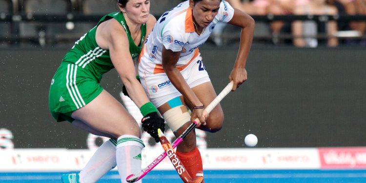 Irish and Indian players in action during their quarterfinal match in the Women's Hockey Word Cup, Thursday