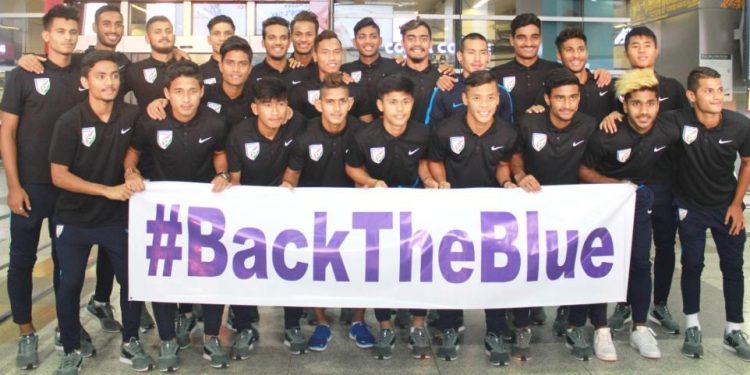 The Indian U-20 footballers pose for a group photo upon their arrival Friday at New Delhi