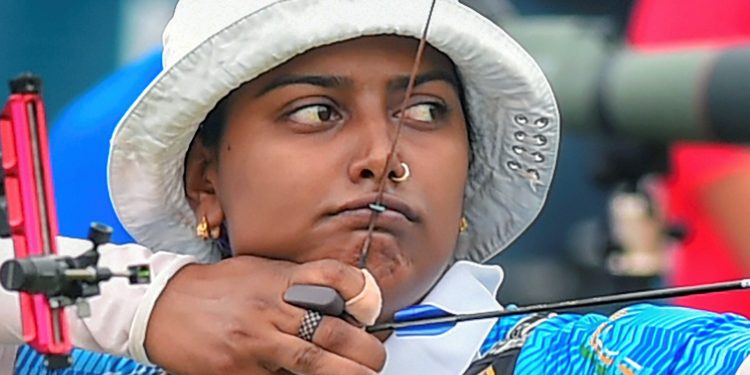 Deepika Kumari takes aim during her match against Chinese Taipei’s Chien Ying Lei