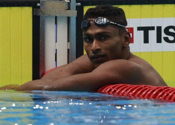 Indian swimmer Srihari Nataraj after the men's 100m backstroke swimming competition at Asian Games in Jakarta