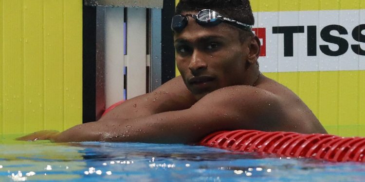 Indian swimmer Srihari Nataraj after the men's 100m backstroke swimming competition at Asian Games in Jakarta