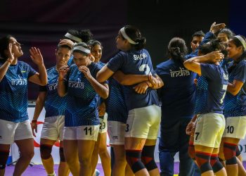 Indian women's kabaddi team celebrate as they enter their third successive finals at an Asian Games after they beat Chinese Taipei