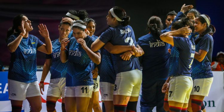 Indian women's kabaddi team celebrate as they enter their third successive finals at an Asian Games after they beat Chinese Taipei