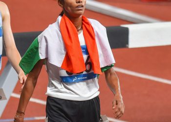 India's Sudha Singh after winning the silver medal in women's 3000m steeplechase competition at the Asian Games