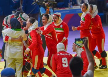 Iranian women's kabaddi team celebrate their win over India in the finals at the Asian Games