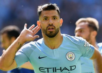 Man City’s Sergio Aguero celebrates his hat-trick against Huddersfield, Sunday