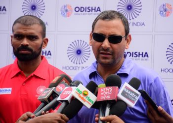 Captain of the Indian hockey team PR Sreejesh (L) and coach Harendra Singh talk with the media at Kalinga Stadium in Bhubaneswar, Wednesday 