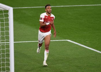 Arsenal striker Pierre-Emerick Aubameyang celebrates after scoring against Vorskla, Thursday