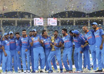 India players celebrate after winning the seventh Asia Cup title in Dubai, Friday   