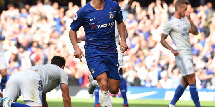 Eden Hazard celebrates after completing his hat-trick against Cardiff City, Saturday