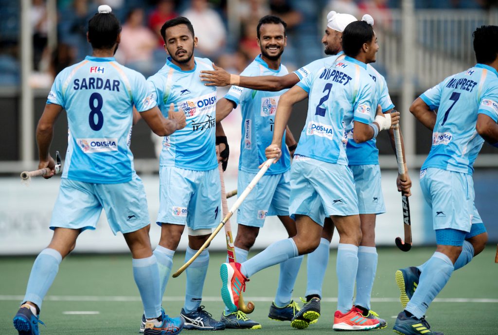 Harmanpreet Singh (2nd from left) celebrates a goal with teammates against Belgium in Champions Trophy