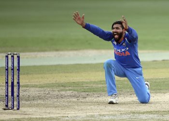 Ravindra Jadeja appeals for a Bangladeshi wicket in Dubai, Friday