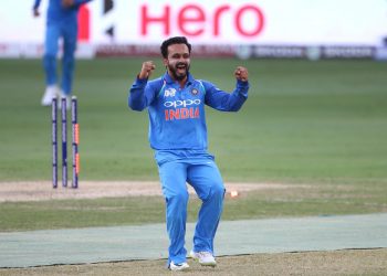 Kedar Jadhav is pumped up after dismissing a Pakistani batsman at Dubai, Wednesday