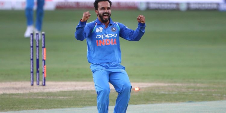 Kedar Jadhav is pumped up after dismissing a Pakistani batsman at Dubai, Wednesday