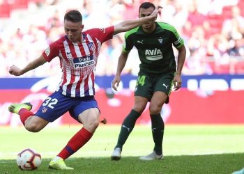 Atletico Madrid debutant Borja Garces about to strike the ball during their match against Eibar, Saturday