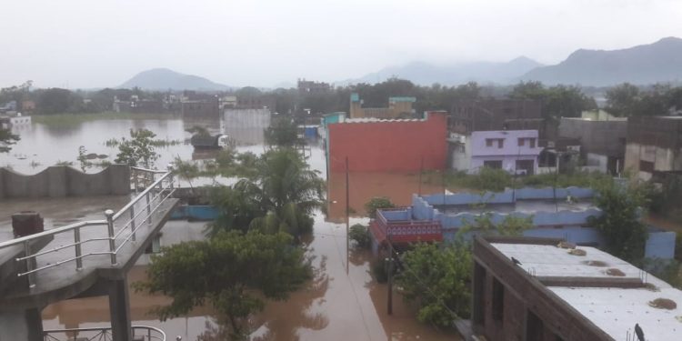 Bhanjanagar town in Ganjam district inundated by floodwater, Friday