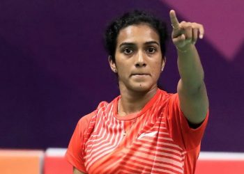 PV Sindhu gestures after beating Sayaka Sato in Paris, Thursday