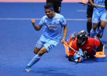 Odisha’s Shilanand Lakra is all pumped up after scoring India’s second goal against New Zealand, Sunday