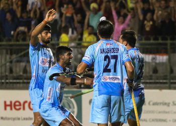 India players celebrate after defeating Japan in the semifinal of Asian Champions Trophy hockey tournament in Muscat, Oman, Saturday   