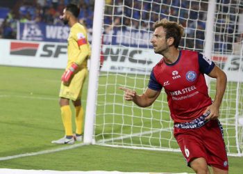 Mario Arques celebrates after scoring the opener for Jamshedpur FC against Mumbai City FC, Tuesday