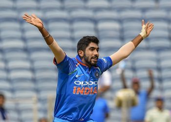 Jasprit Bumrah appeals for the dismissal of a West Indies batsman in Pune, Saturday   