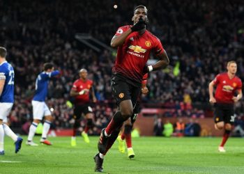 Manchester United’s Paul Pogba celebrates after scoring against Everton at Old Trafford, Sunday