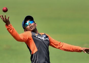 Prithvi Shaw tries to hold on to a catch during India’s practice session at Rajkot, Wednesday 