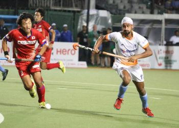 Mandeep Singh who scored a hat-trick in action against Japan Sunday night                    