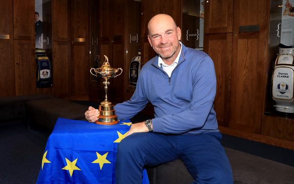 Europe captain Thomas Bjorn poses with the Ryder Cup trophy in Paris, Sunday